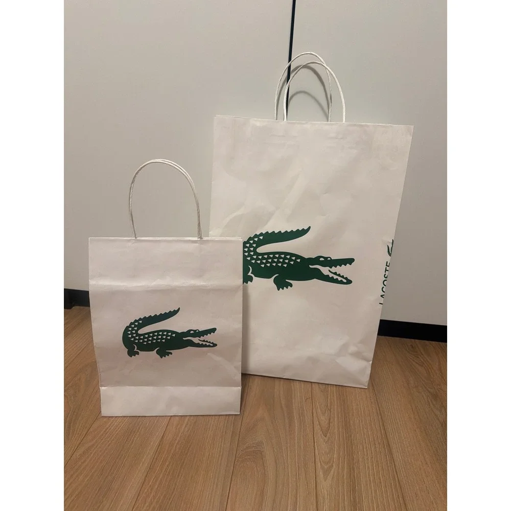 Lacoste Paper Shopping Gift Bags Set of 2 White Green Crocodile Logo Small Large
